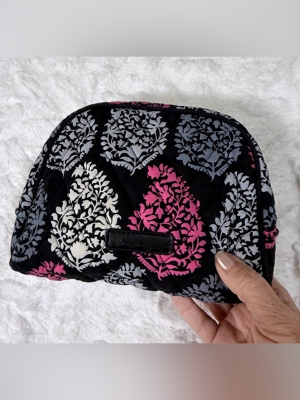 Vera Bradley Black Quilted Cosmetic Pouch with Pink & Gray Leaf Motif - NWOT